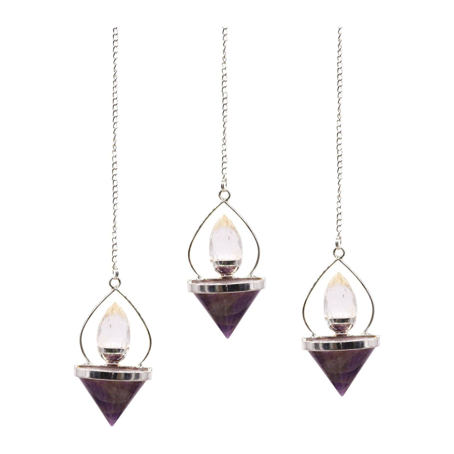 Lantern pendulum with a deep purple amethyst base and clear rock quartz top