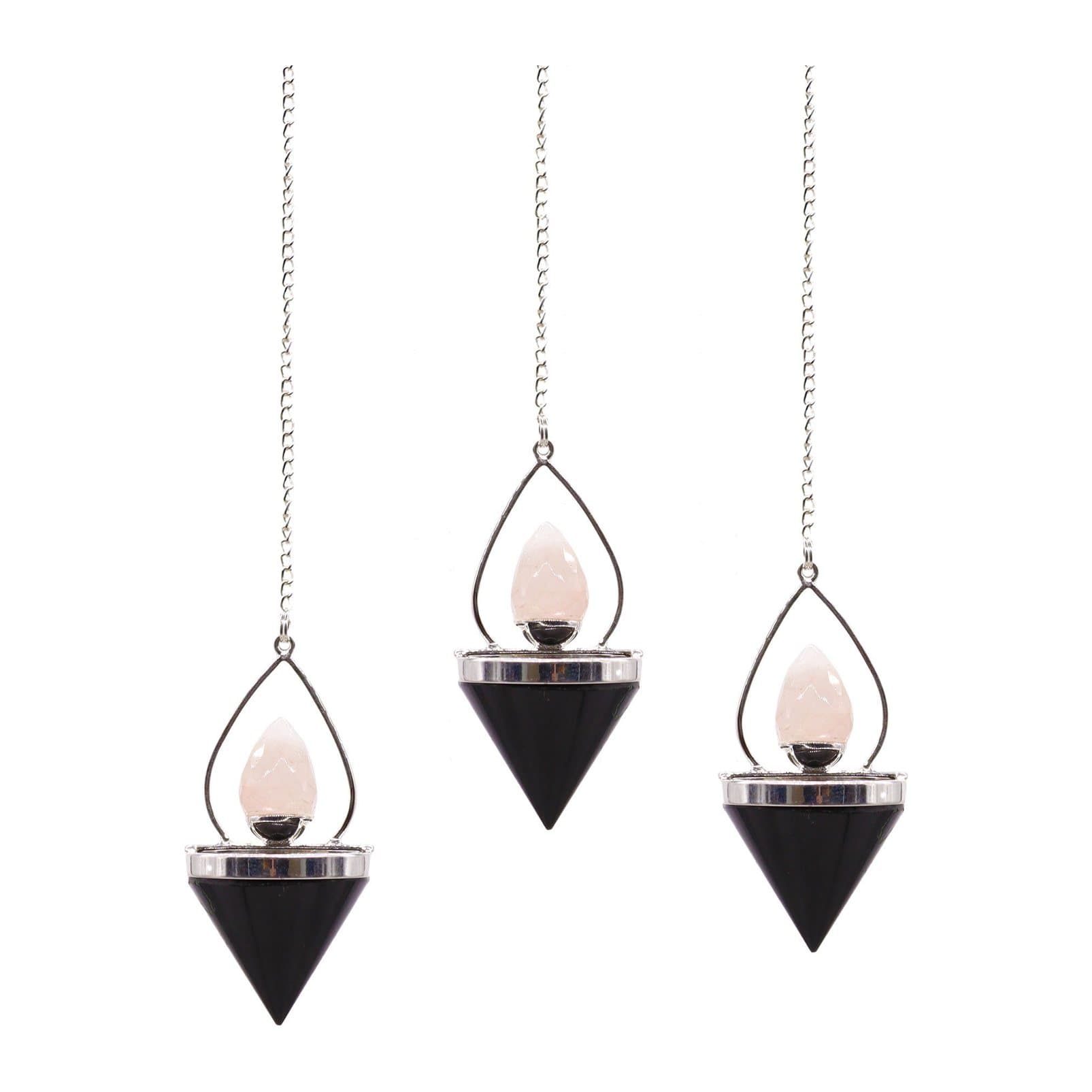 Black agate gemstone pendulum with a pale rose quartz top in a lantern-style setting