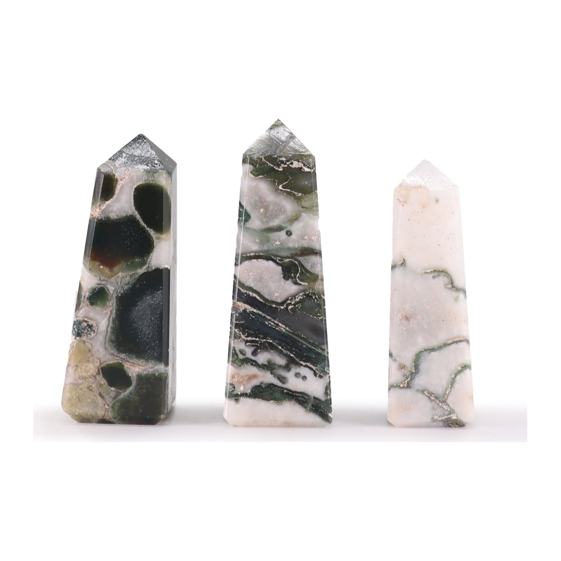 Polished moss agate obelisk point with green patterns and earthy tones