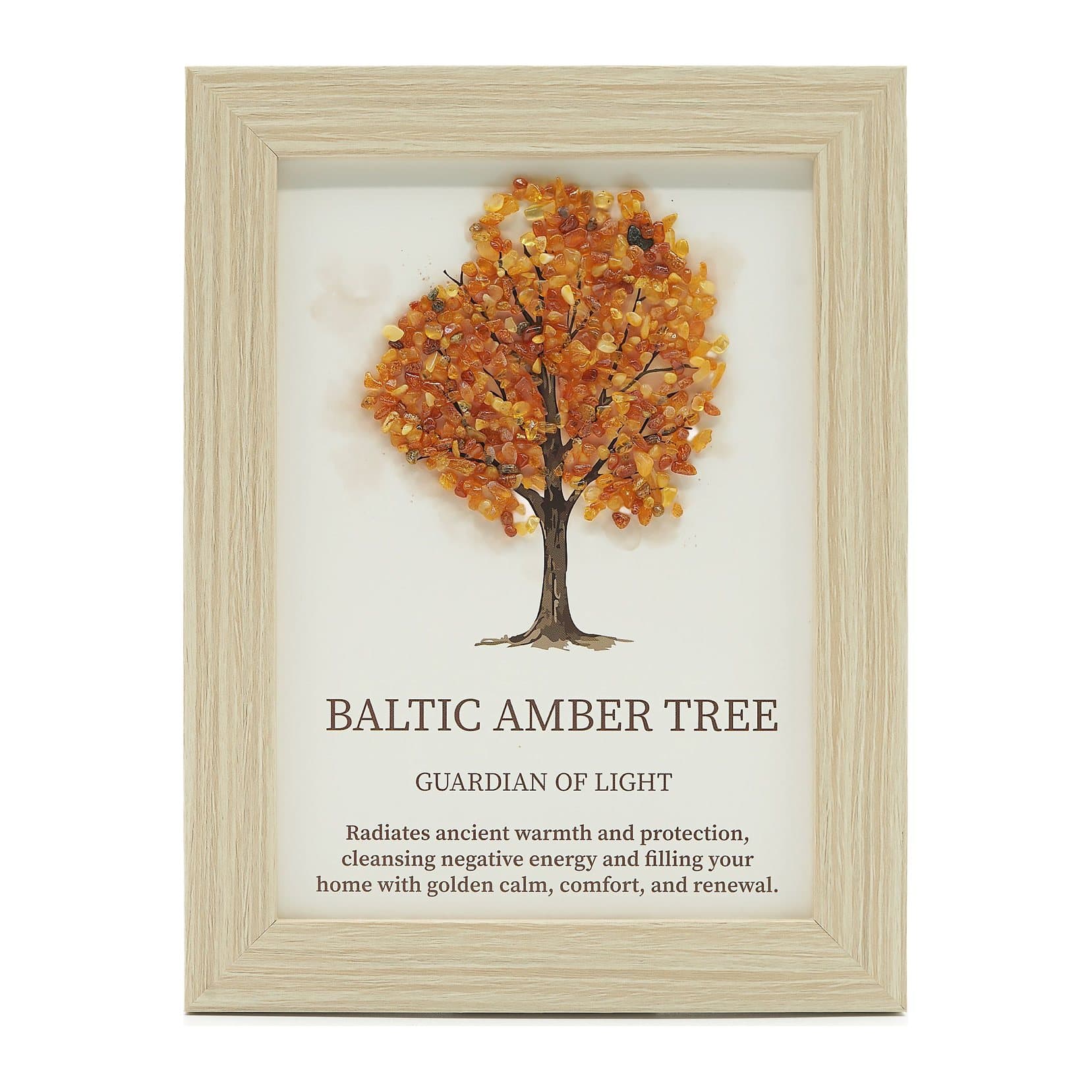 Framed tree of life picture made with Baltic amber chips in a wood-effect frame