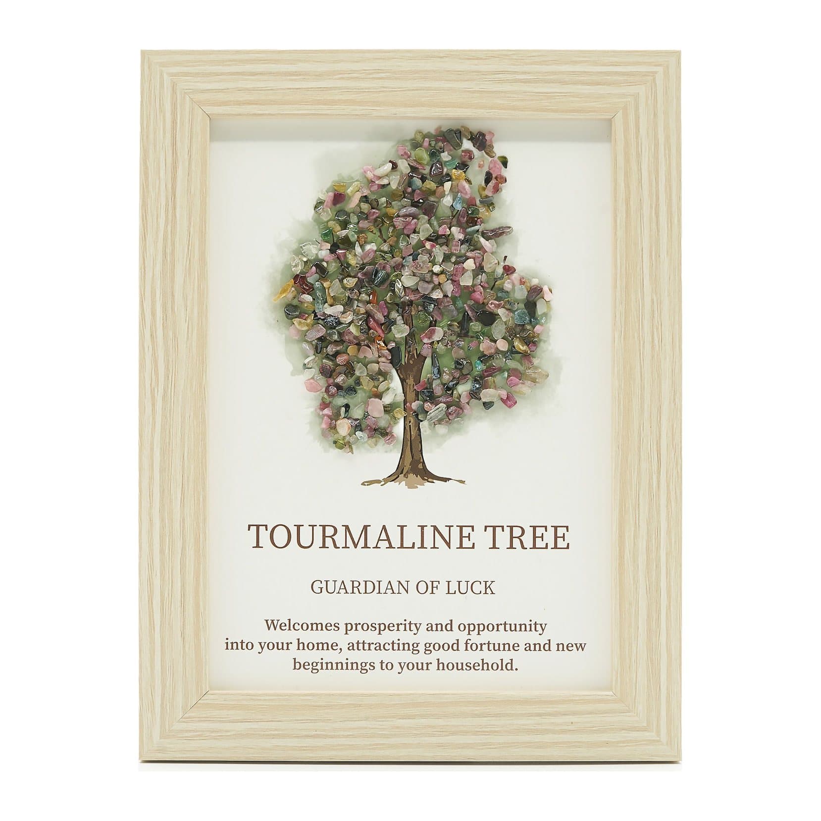 Tree of life gemstone picture with multicoloured tourmaline chips in a wood-effect frame