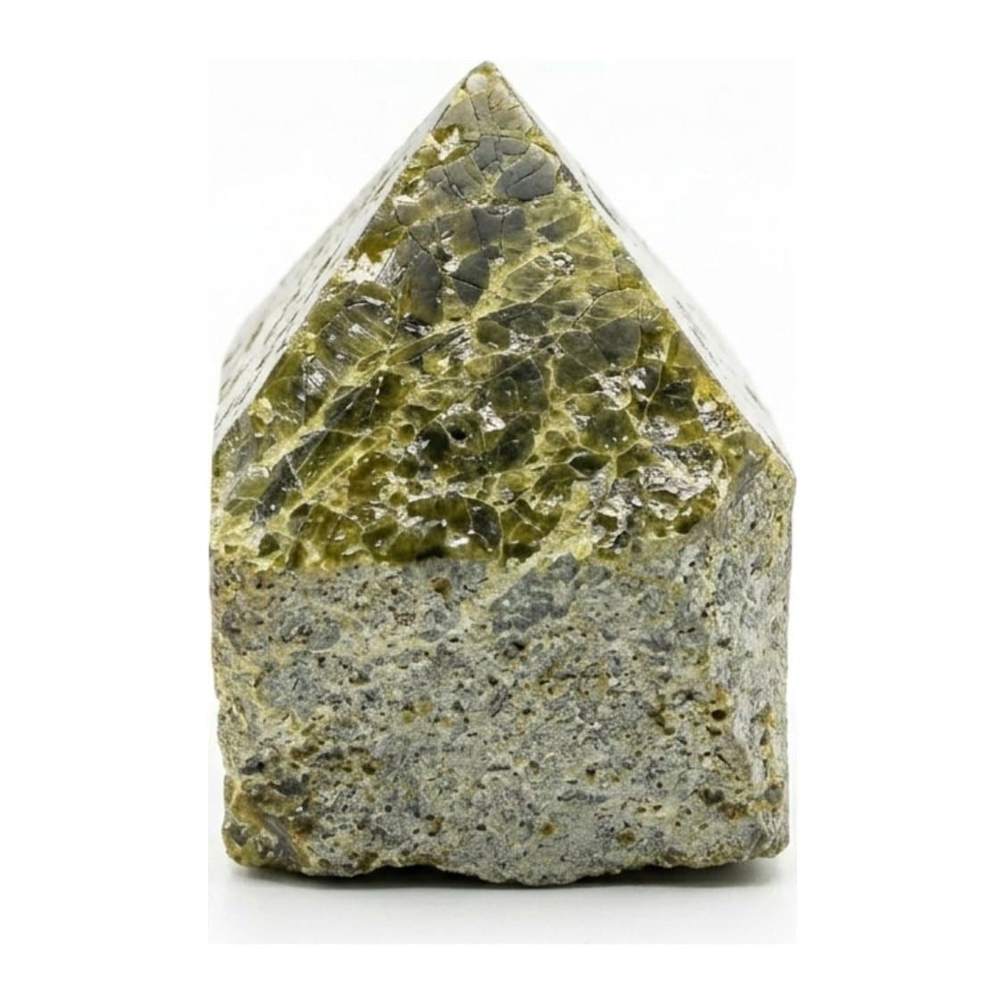Polished epidote gemstone points with natural green tones and raw bases