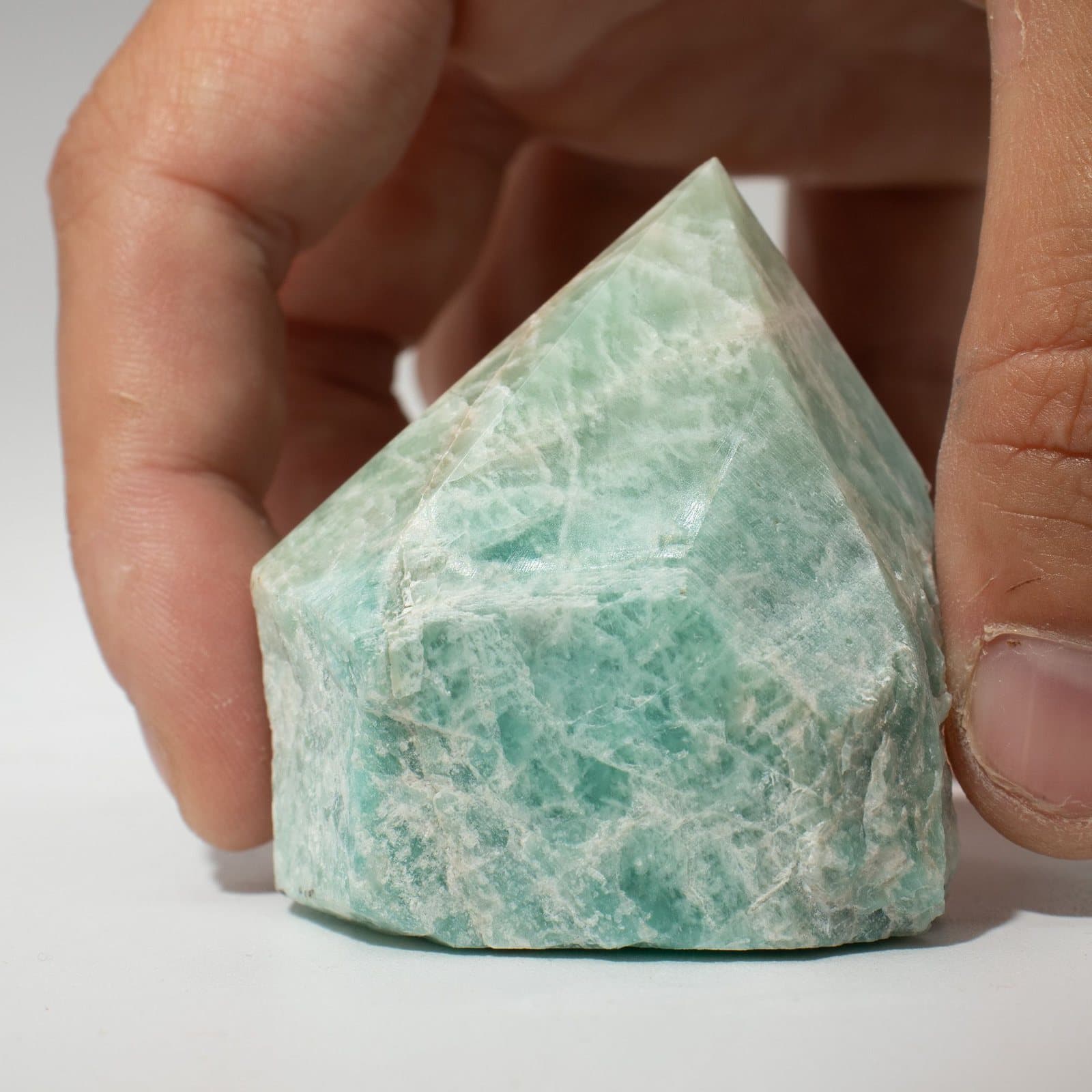 Indian amazonite polished points, turquoise-green with natural patterns