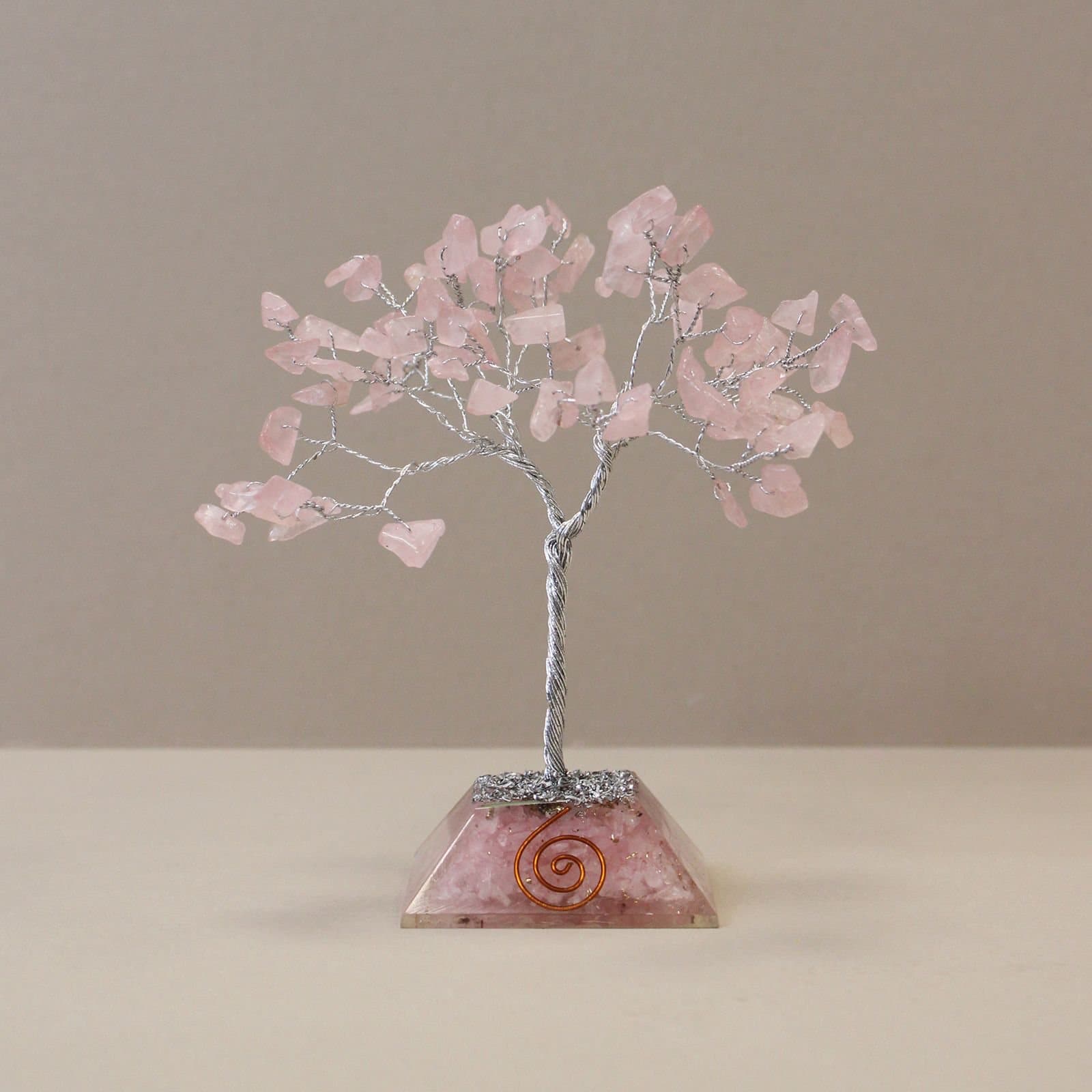 Rose quartz gemstone tree with orgonite base, 80 stones