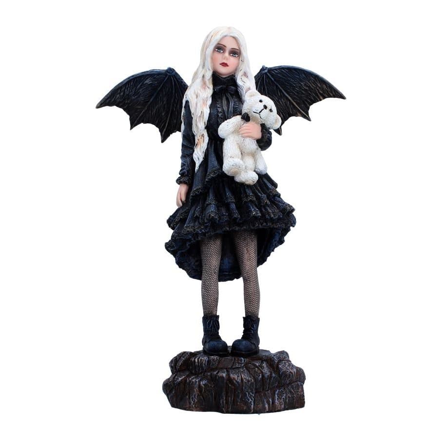 Gothic fairy figurine with long blonde hair, dark wings and a white teddy bear