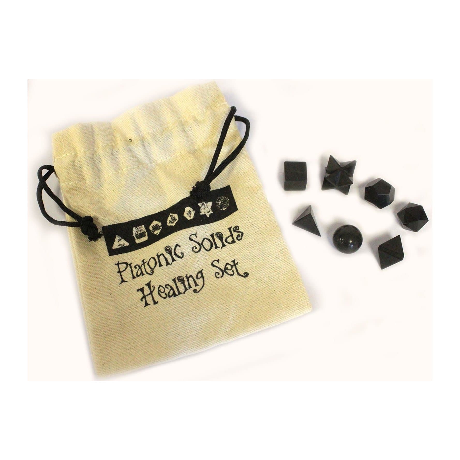 Seven black agate pieces in Platonic solid shapes