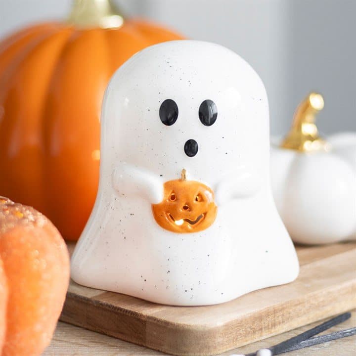 Ceramic ghost tealight holder with a pumpkin