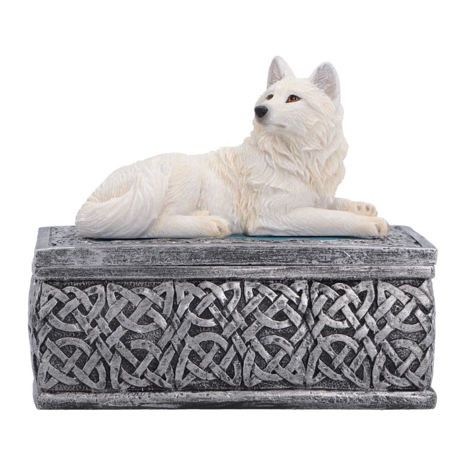 Resin trinket box with a white wolf resting on a silver patterned lid