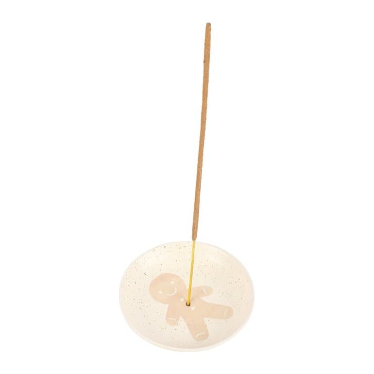 Gingerbread man incense stick holder in speckled off-white