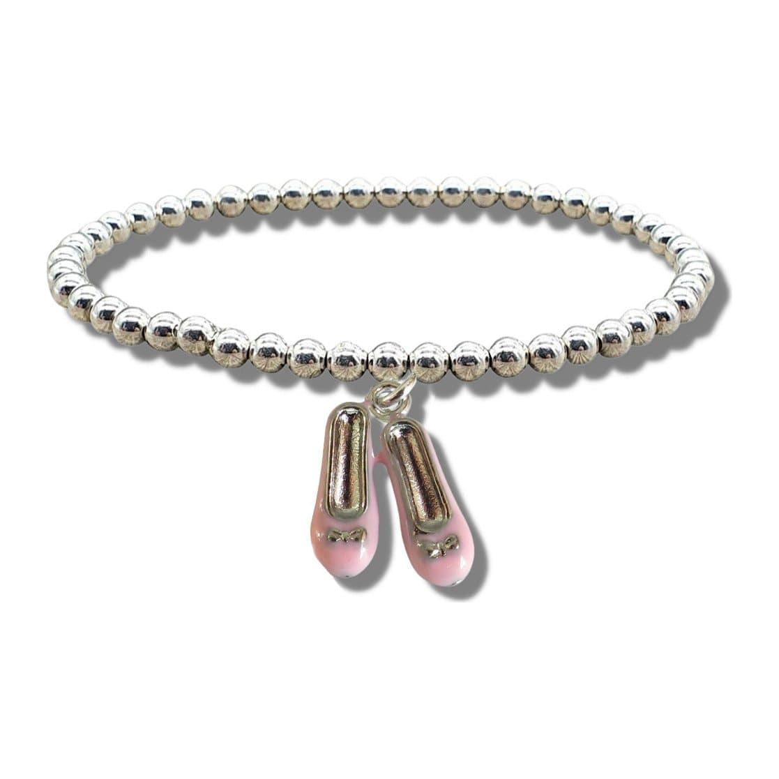 Stretch beaded bracelet with a pink ballet shoes charm and silver beads