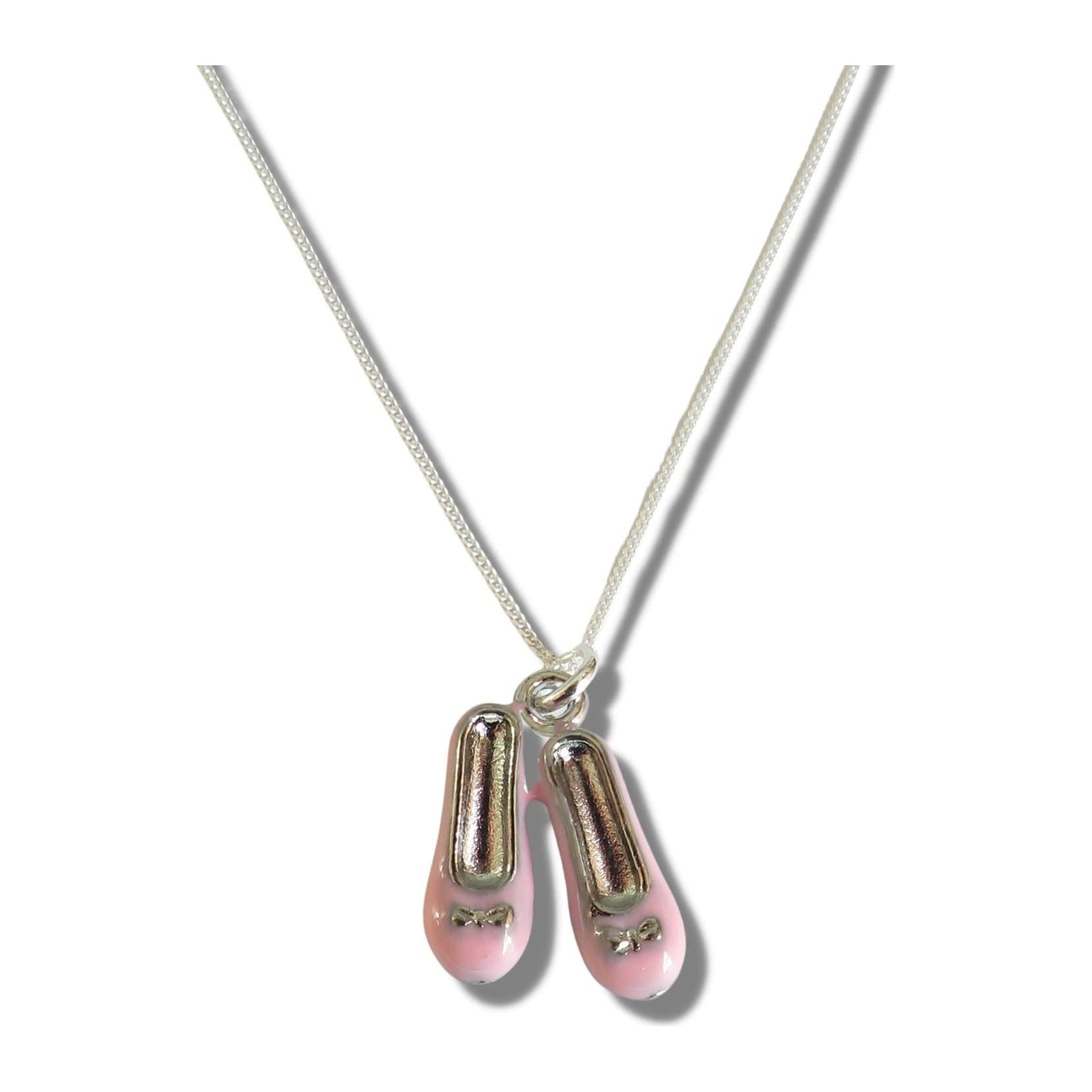 Silver ballet shoes charm on a silver necklace chain