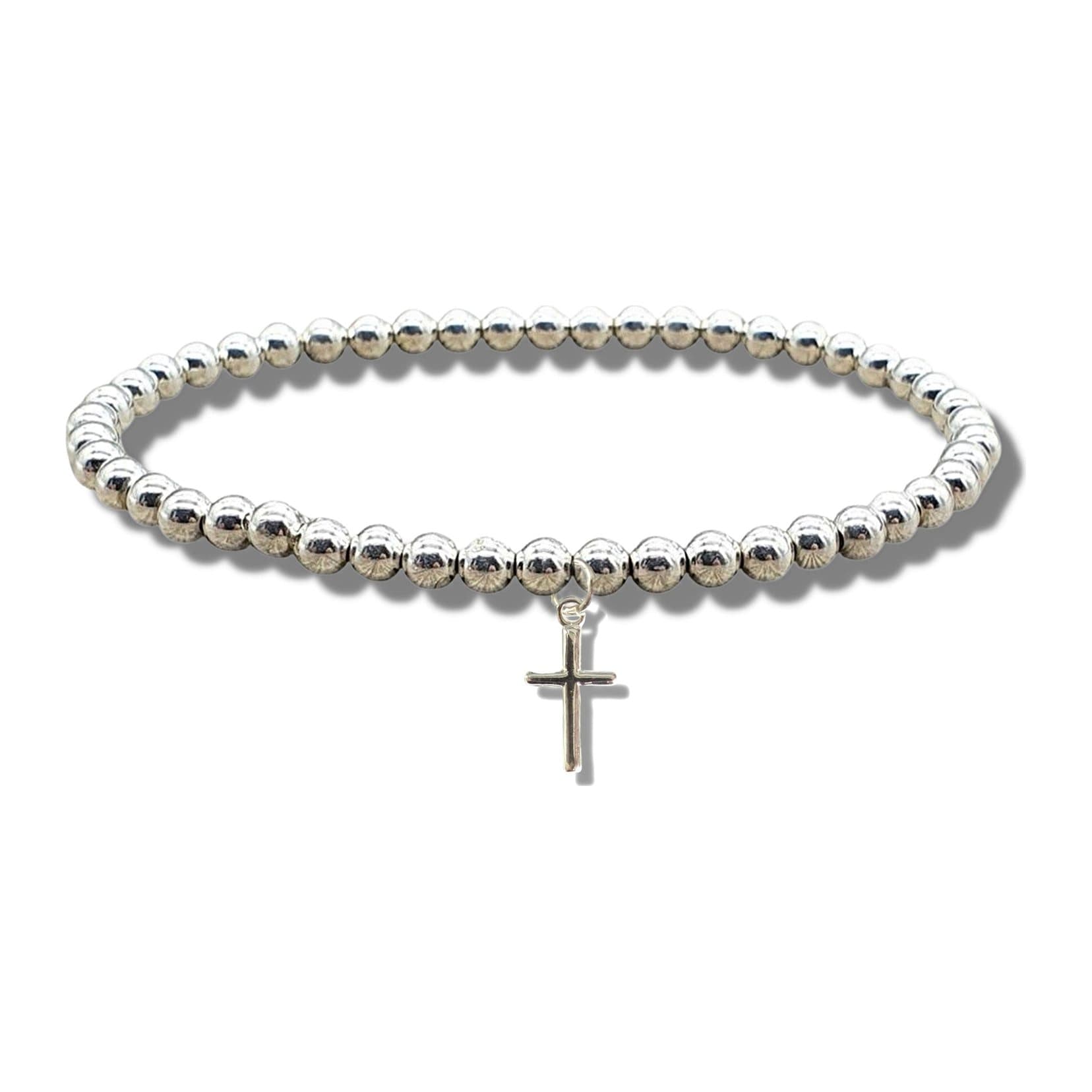Silver beaded stretch bracelet with a mini silver cross charm