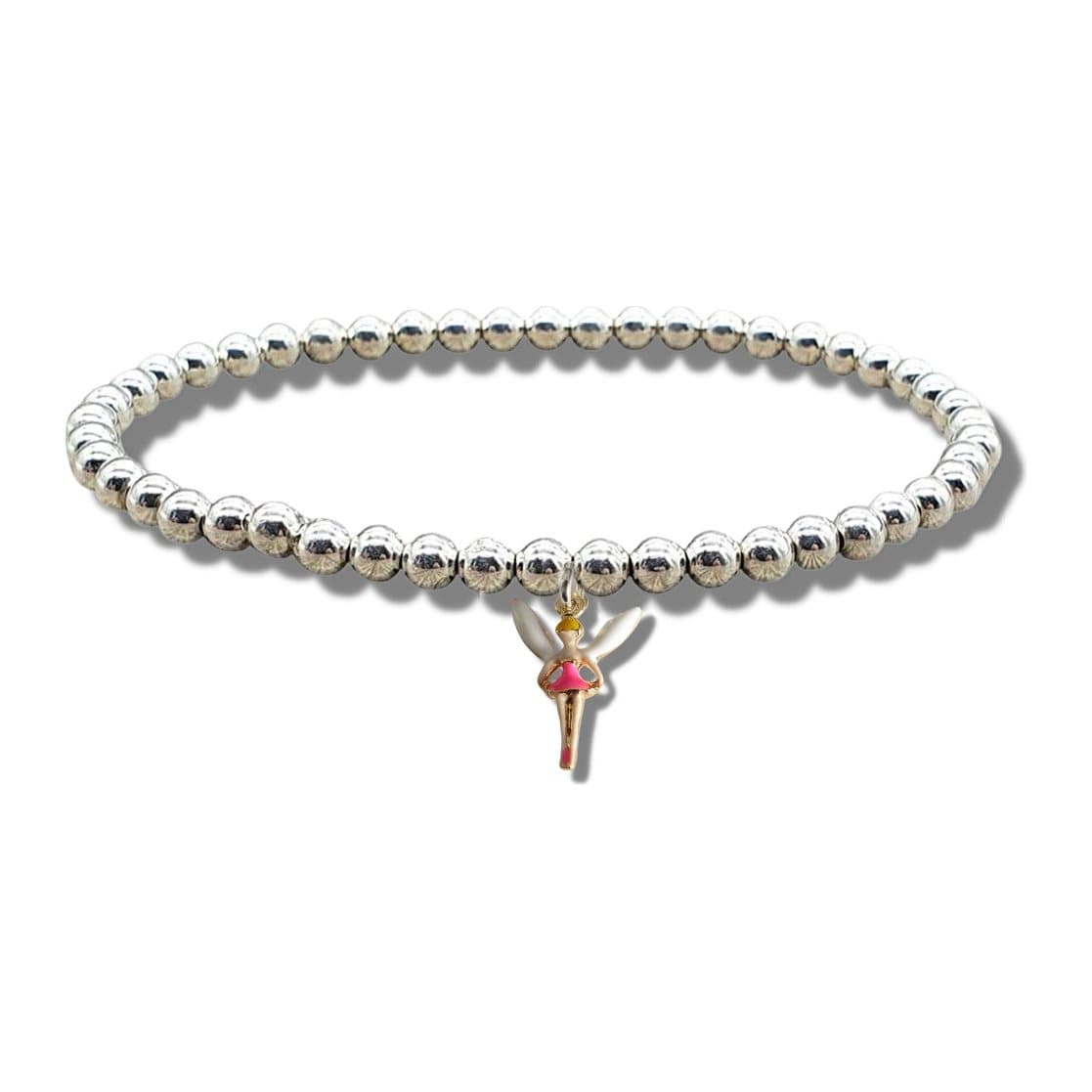 Pink enamel fairy charm on a silver beaded stretch bracelet