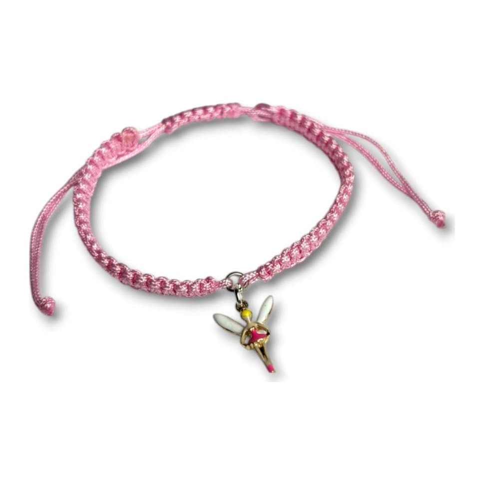 Pink fairy friendship bracelet with a pink enamel fairy charm on braided cord