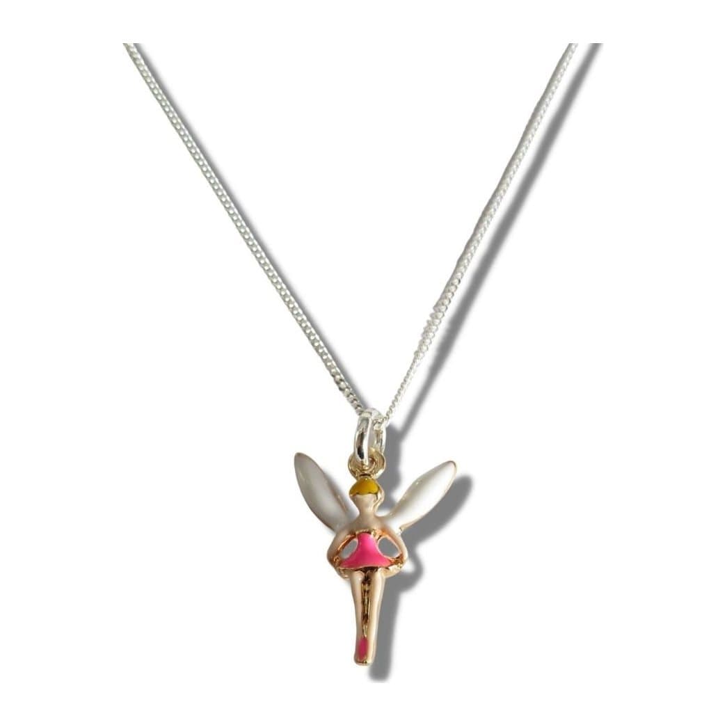Girls pink fairy necklace: pink enamel fairy charm on a sterling silver chain