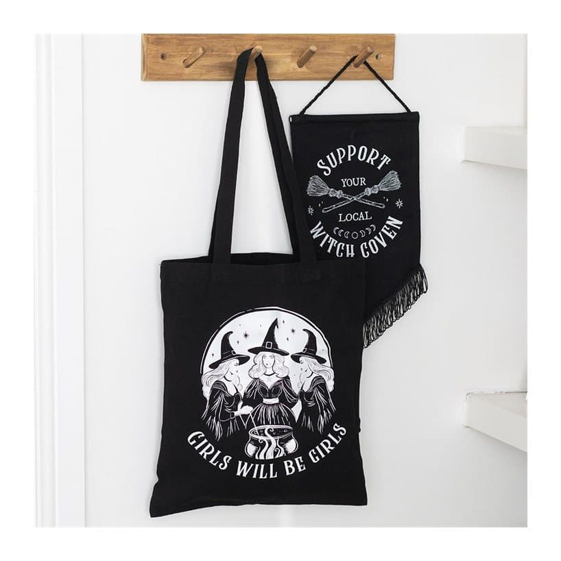 Black tote bag with three witches and Girls Will Be Girls