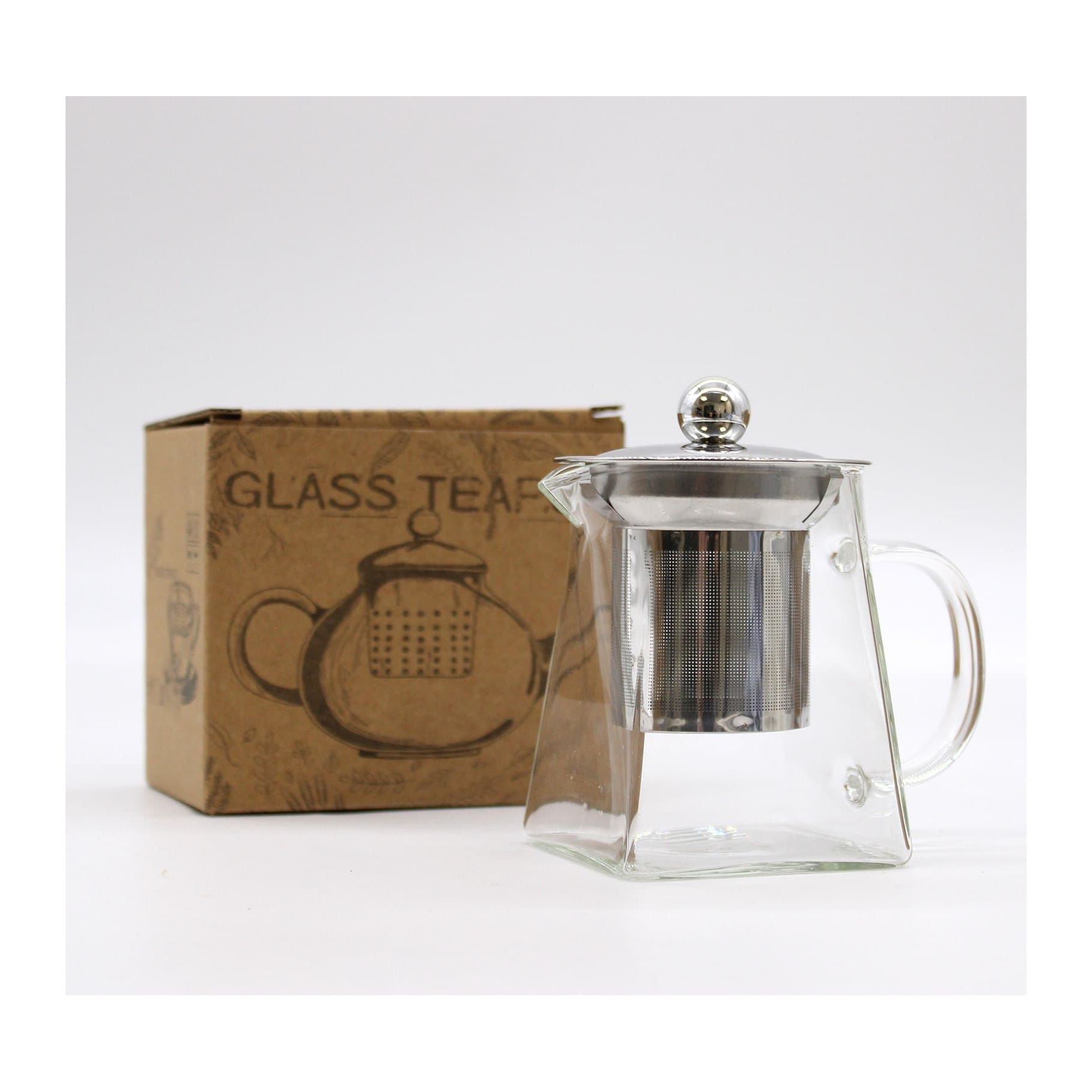Tower-shaped ultra clear glass teapot with stainless steel infuser