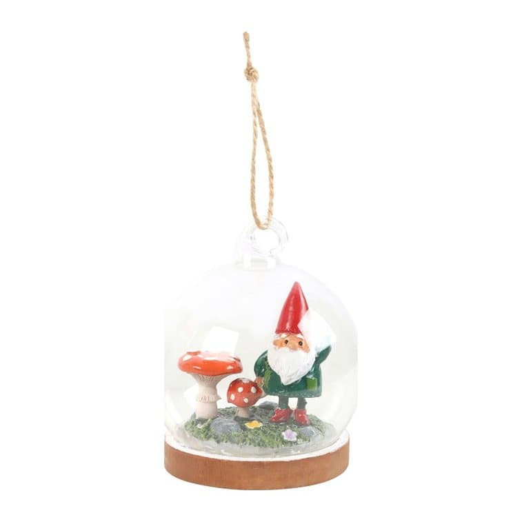 Glass dome hanging decoration with a gnome and two toadstools inside