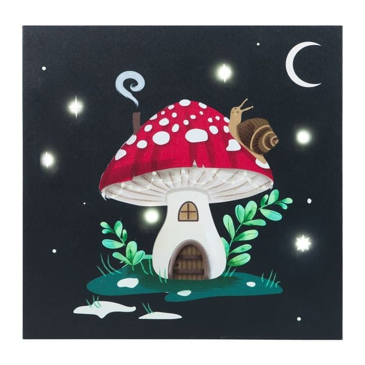 Light up canvas plaque with a mushroom home winter forest design