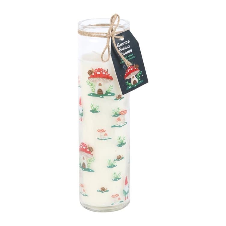 Gnome Sweet Gnome tube candle with a gnome and mushroom forest print