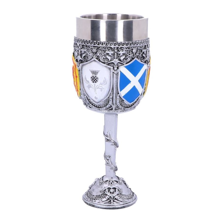 Scottish goblet with silver thistle patterns and shield designs