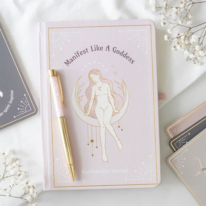 A5 manifestation journal with a feminine goddess design and rose quartz pen