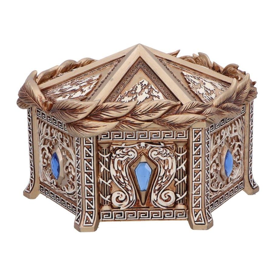 Gold Pandora's Box trinket box with blue gemstones