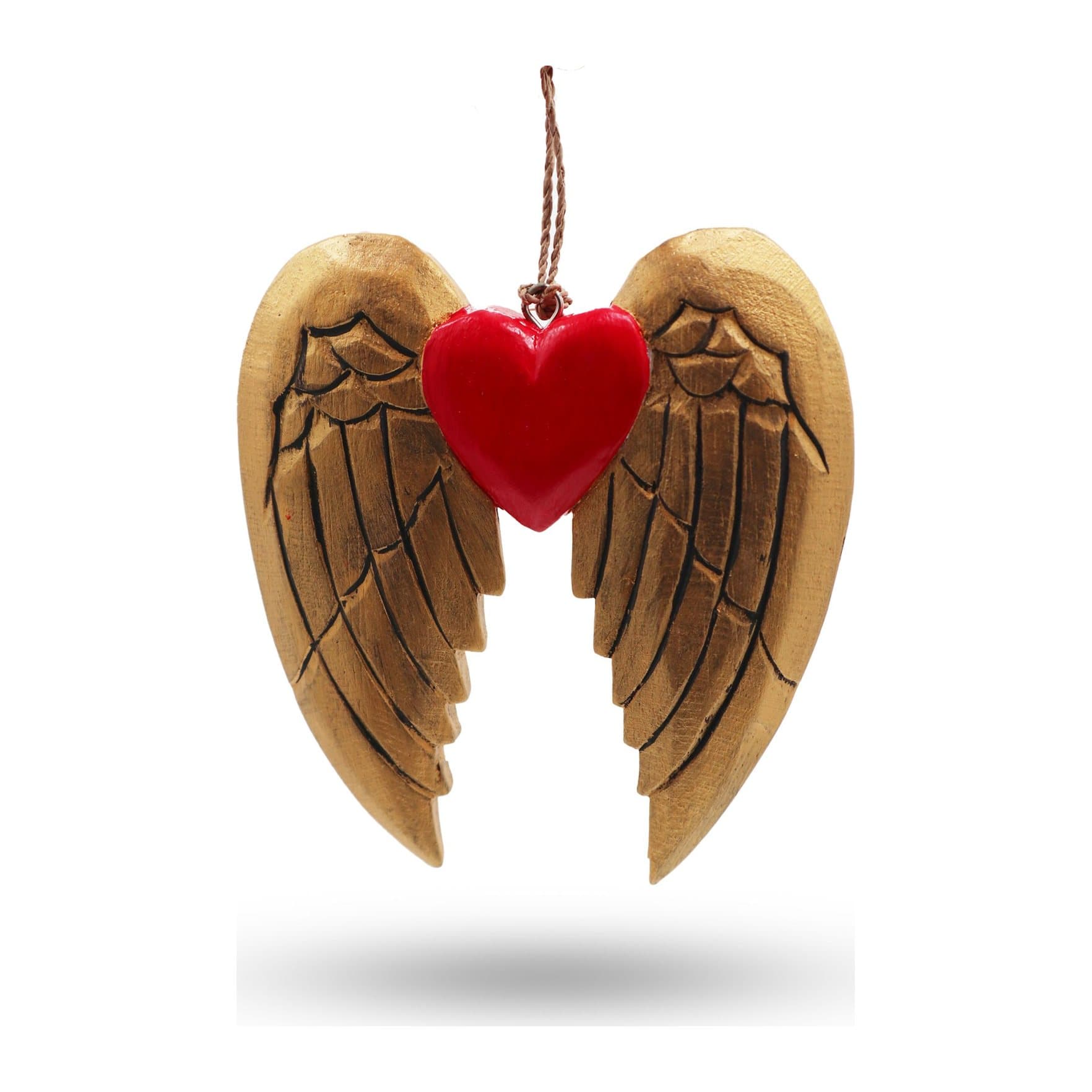 Gold angel wing and heart wooden Christmas decorations, hand painted