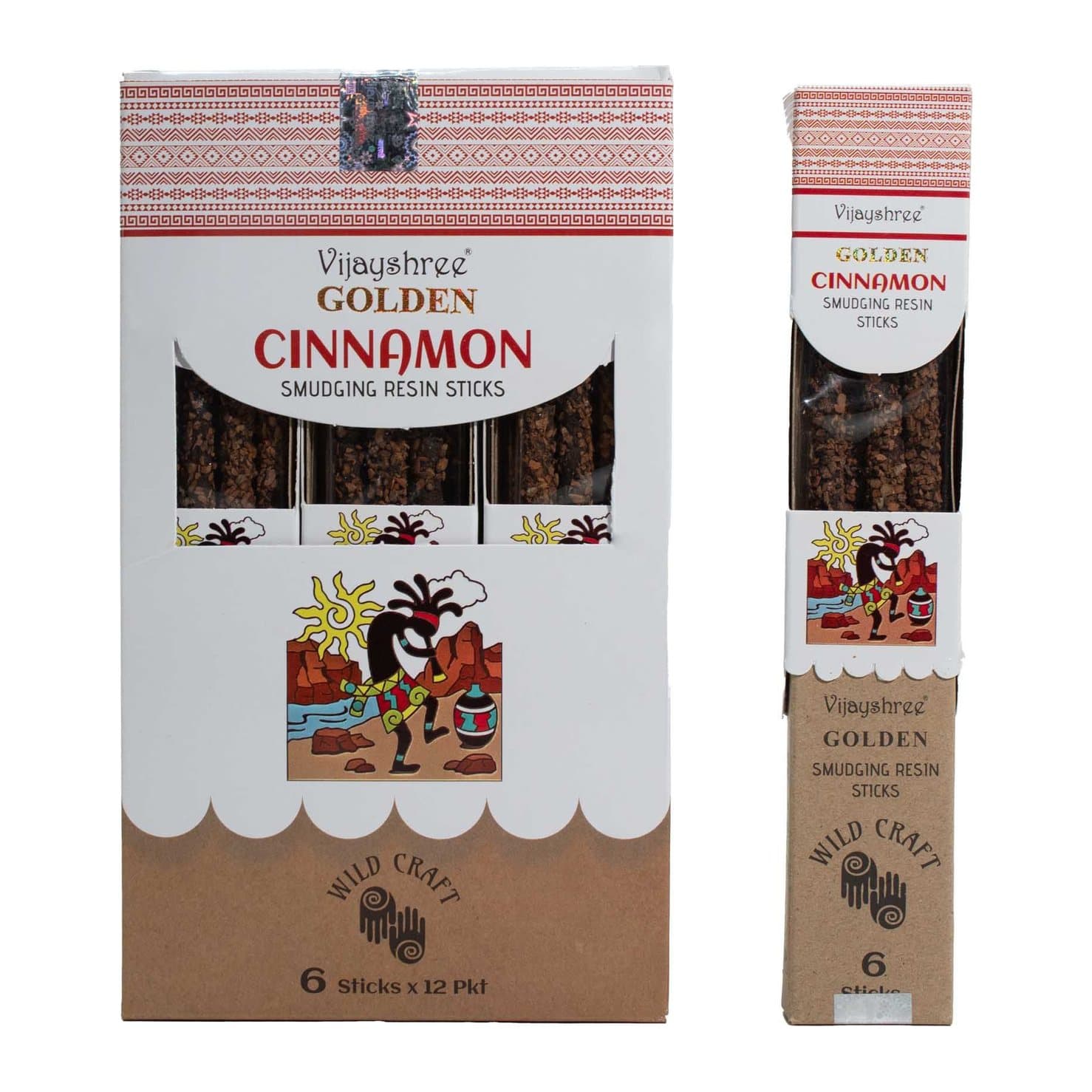 Golden Cinnamon smudging resin sticks, pack of 2, in an illustrated box