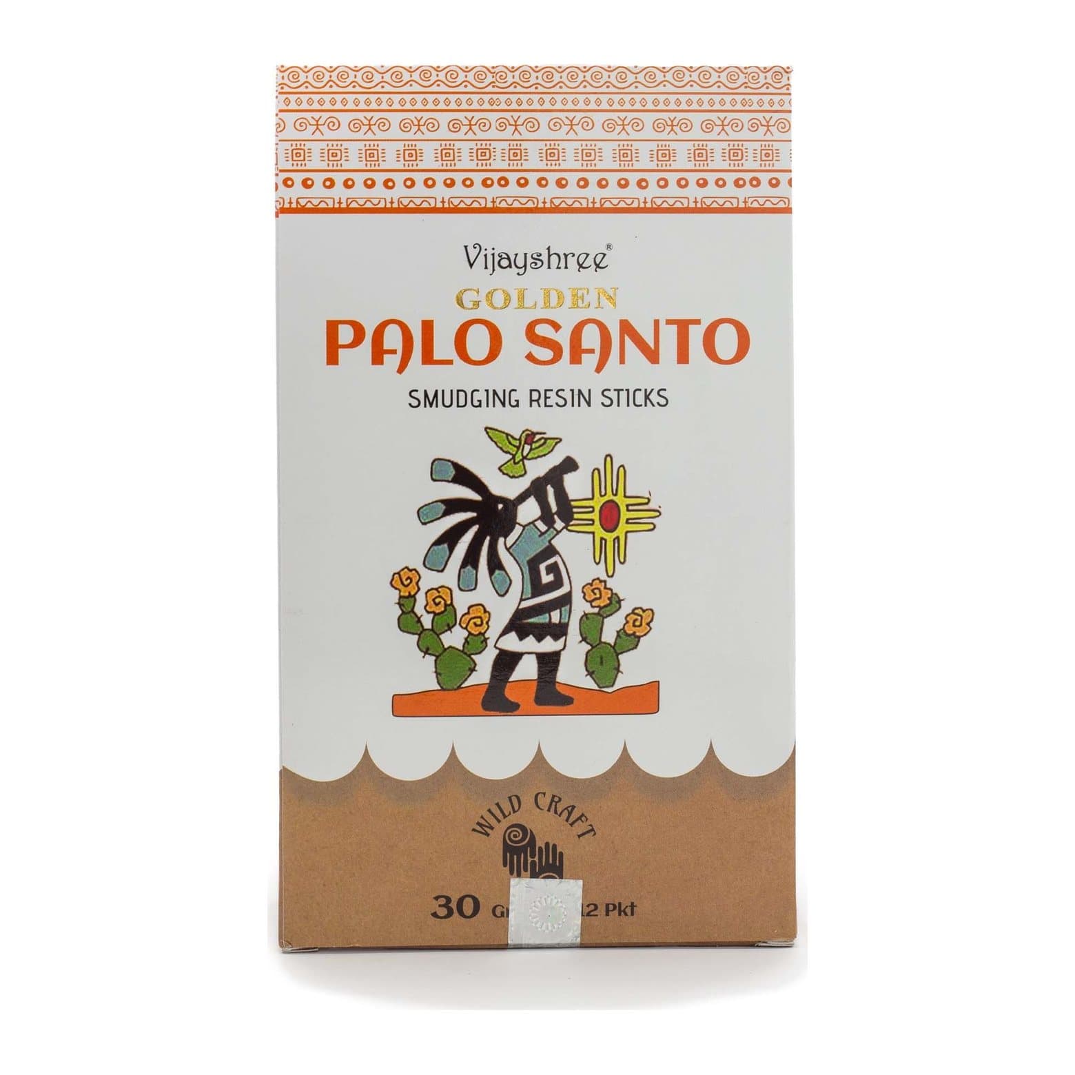 Golden palo santo smudging resin sticks in their illustrated box