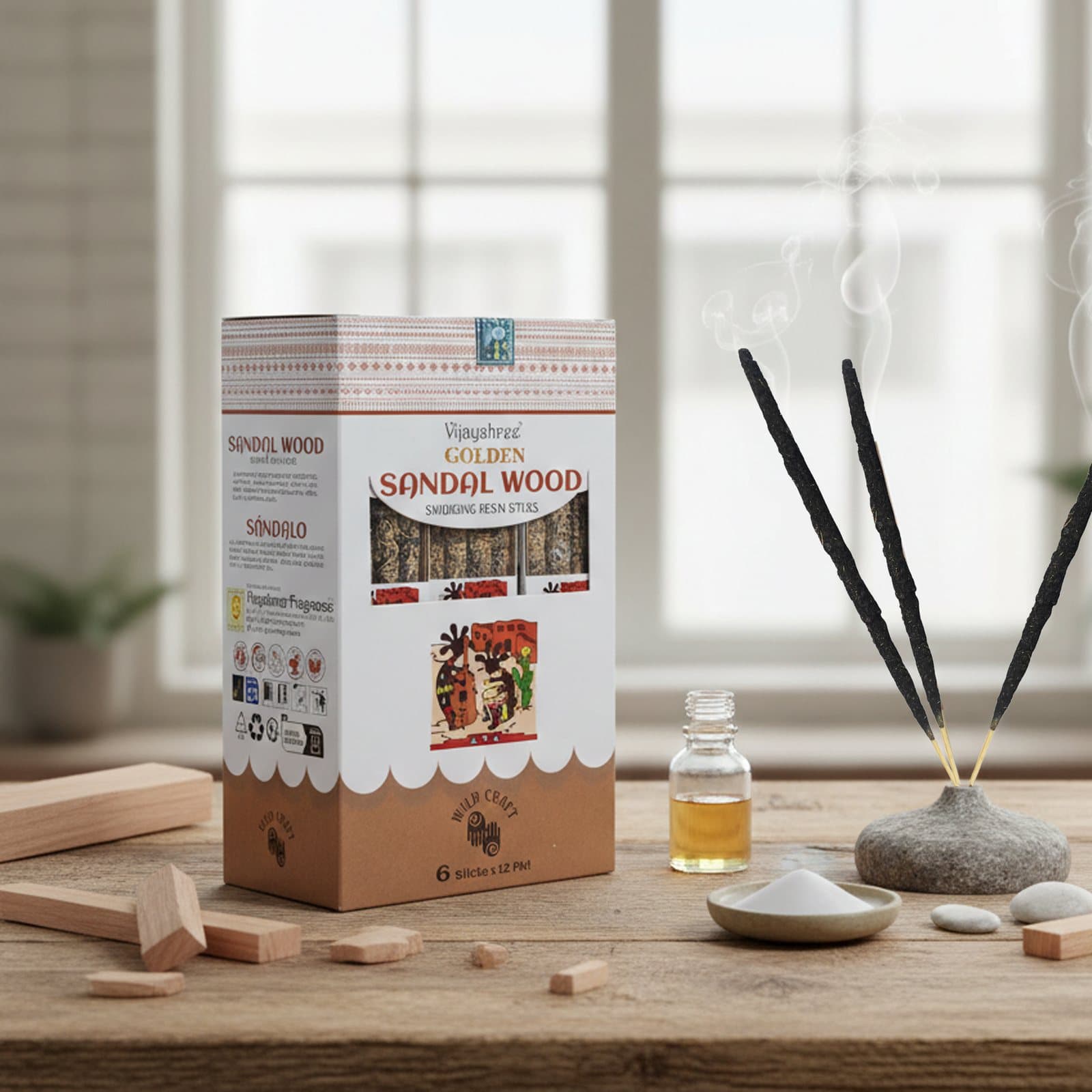 Pack of 2 Golden Sandal Wood smudging resin sticks in an illustrated box