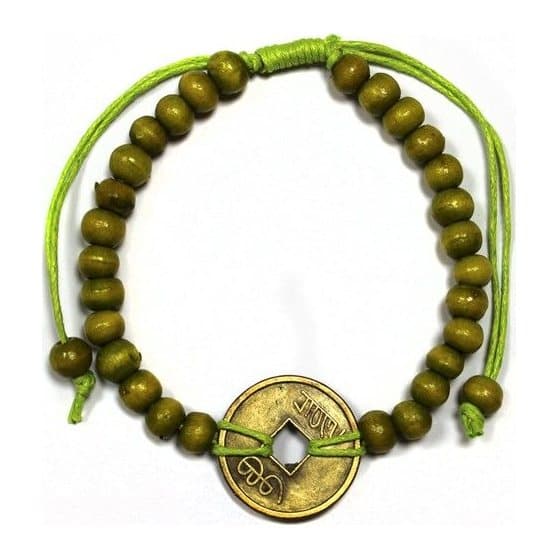 Lime green feng shui bracelet with wood beads and a coin of fortune