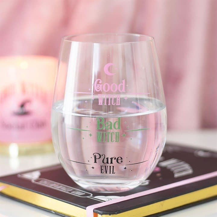Stemless glass with Good Witch, Bad Witch lettering