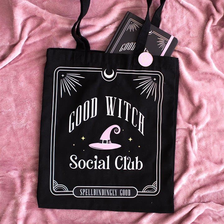 Black Good Witch Social Club tote with a pin badge