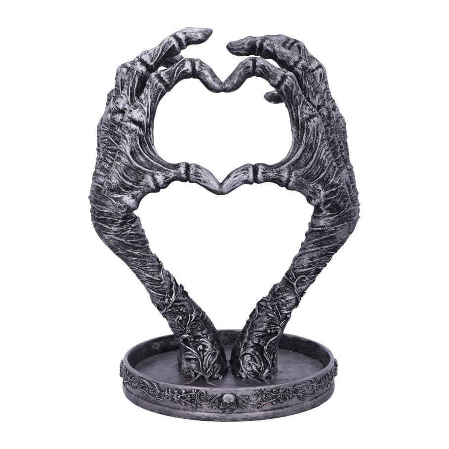 Gothic resin jewellery dish with mummified hands forming a heart