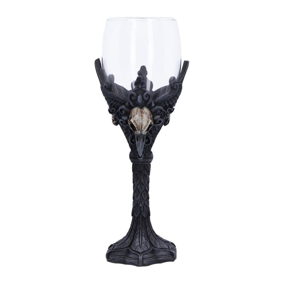 Matte black gothic raven goblet with a detailed raven skull design