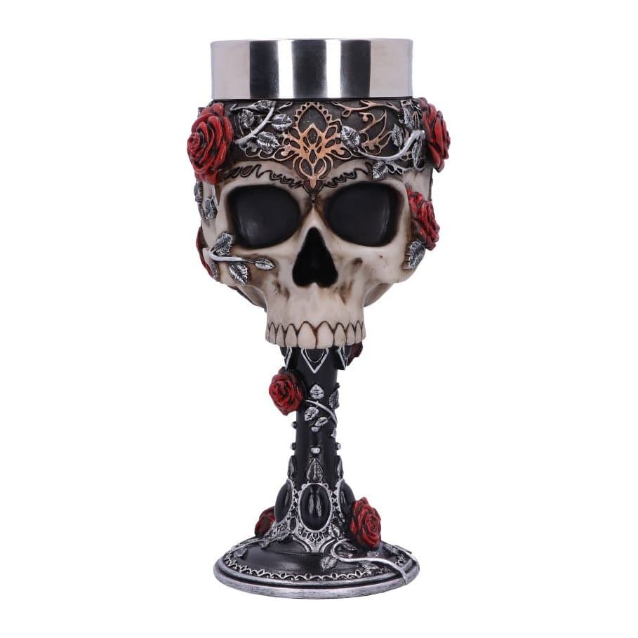 Skull goblet with red roses, silver vines and a black stem