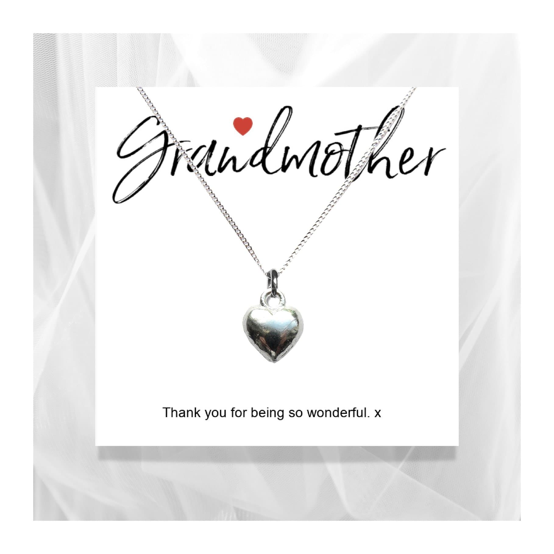 Sterling silver heart necklace presented on a Grandmother quote card
