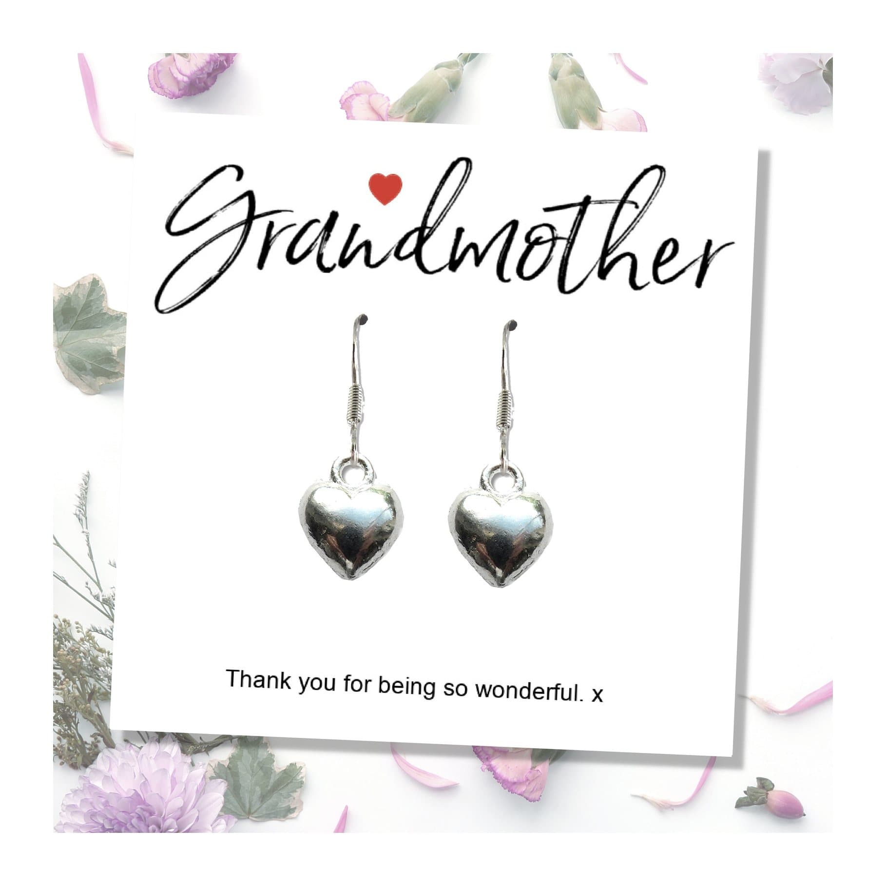 Sterling silver plated heart earrings presented on a quote gift card for grandmother