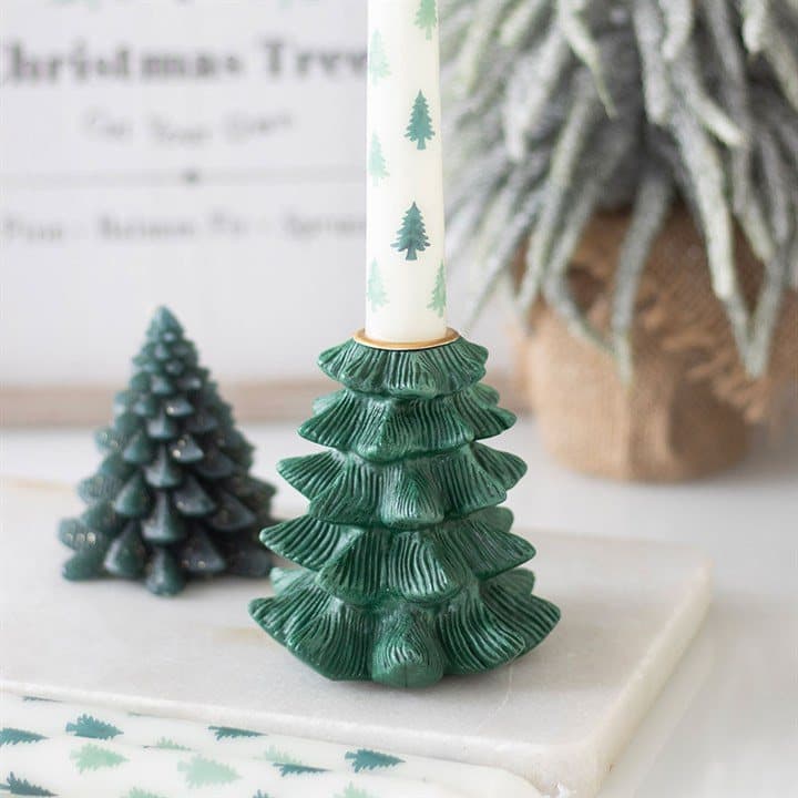 Green resin fir tree candle holder with a matching taper candle