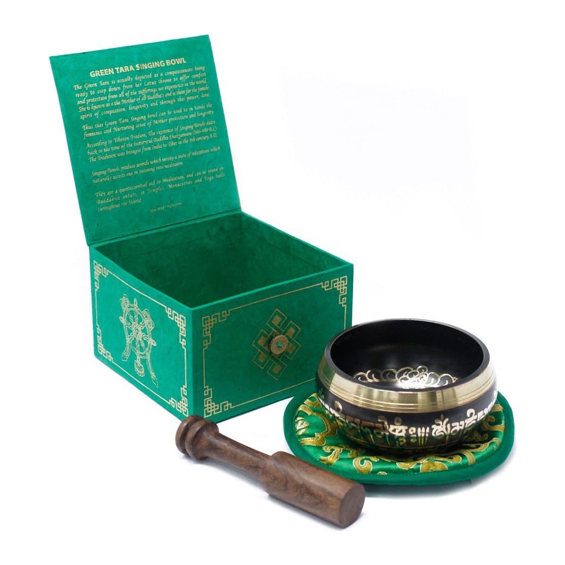 Brass Green Tara singing bowl with a wooden stick