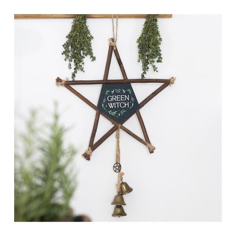 Willow pentagram with a Green Witch sign and brass bells