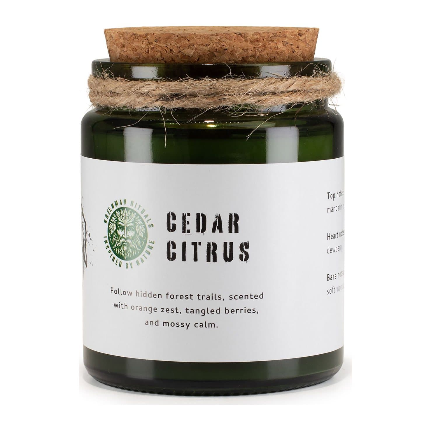 Green glass jar candle with a rope detail, cork lid and wooden wick