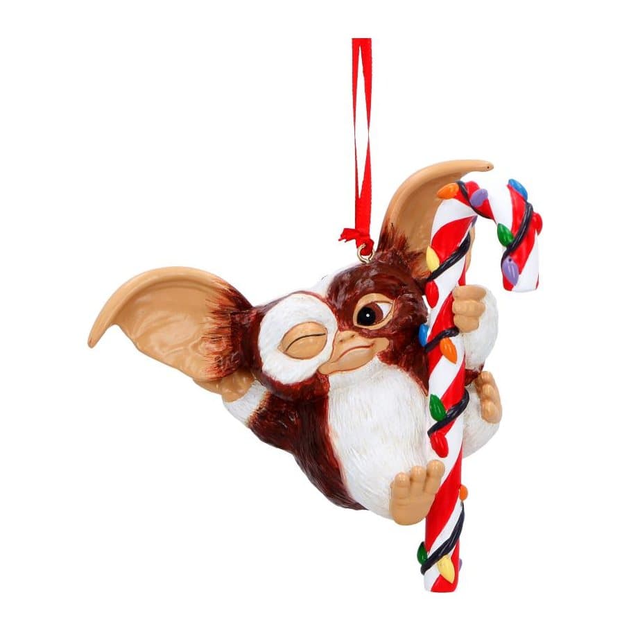 Gizmo ornament on a fairy-lit candy cane, with a red ribbon