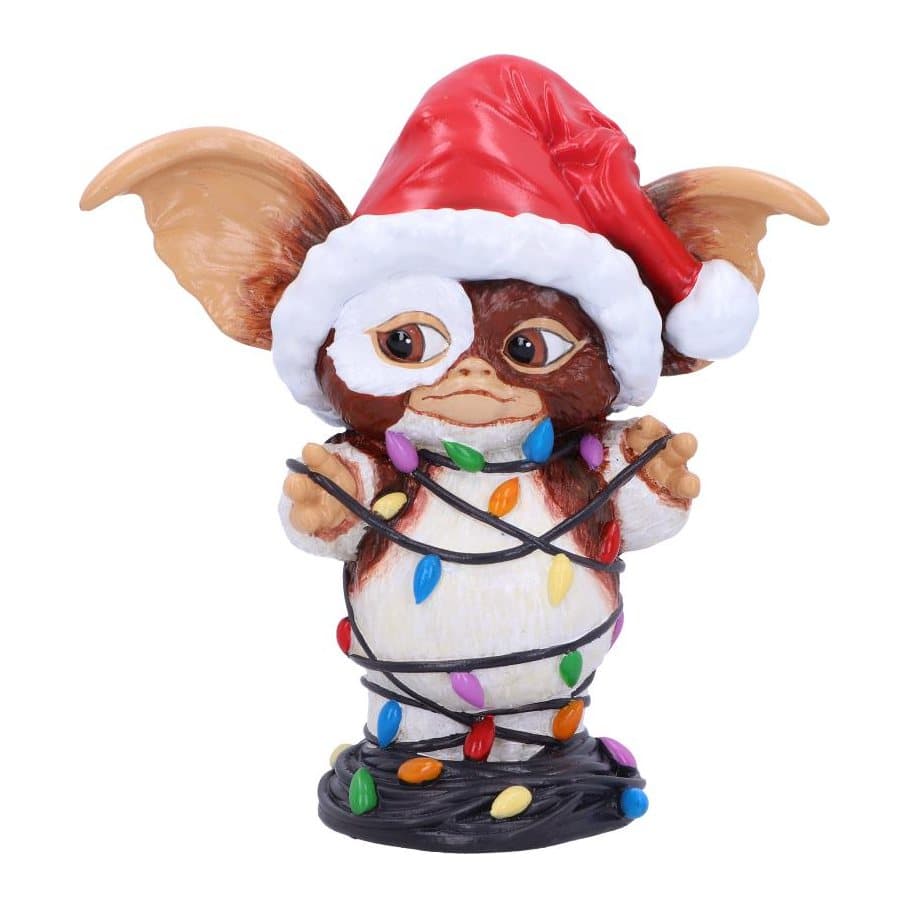 Gremlins Gizmo figurine tangled in fairy lights with a Santa hat