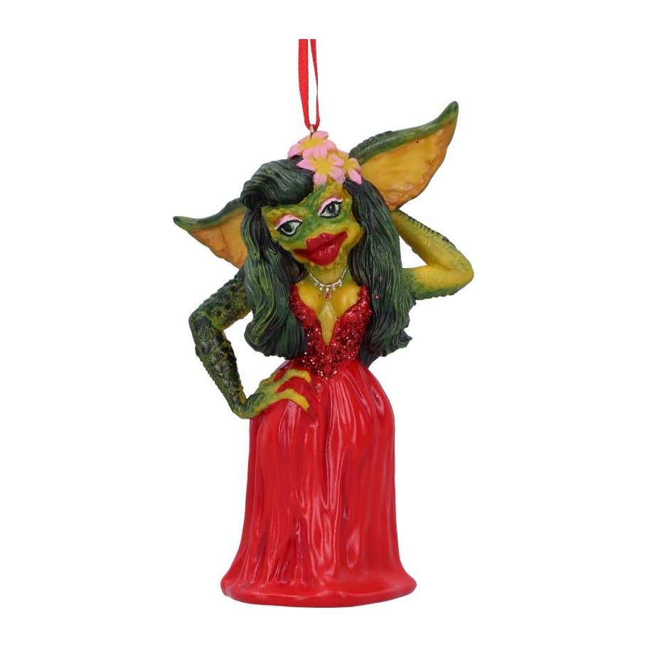 Greta gremlin hanging ornament in a glittered red dress with flowers in green hair