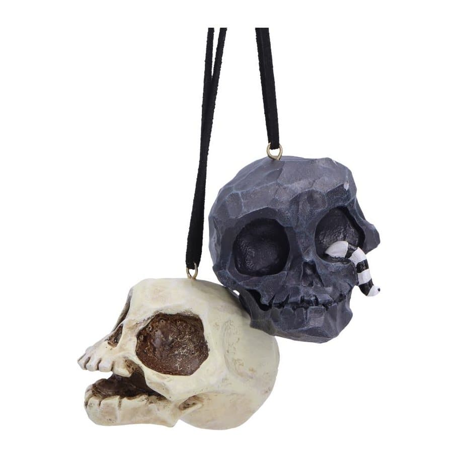Black and white skull hanging ornaments, a set of two