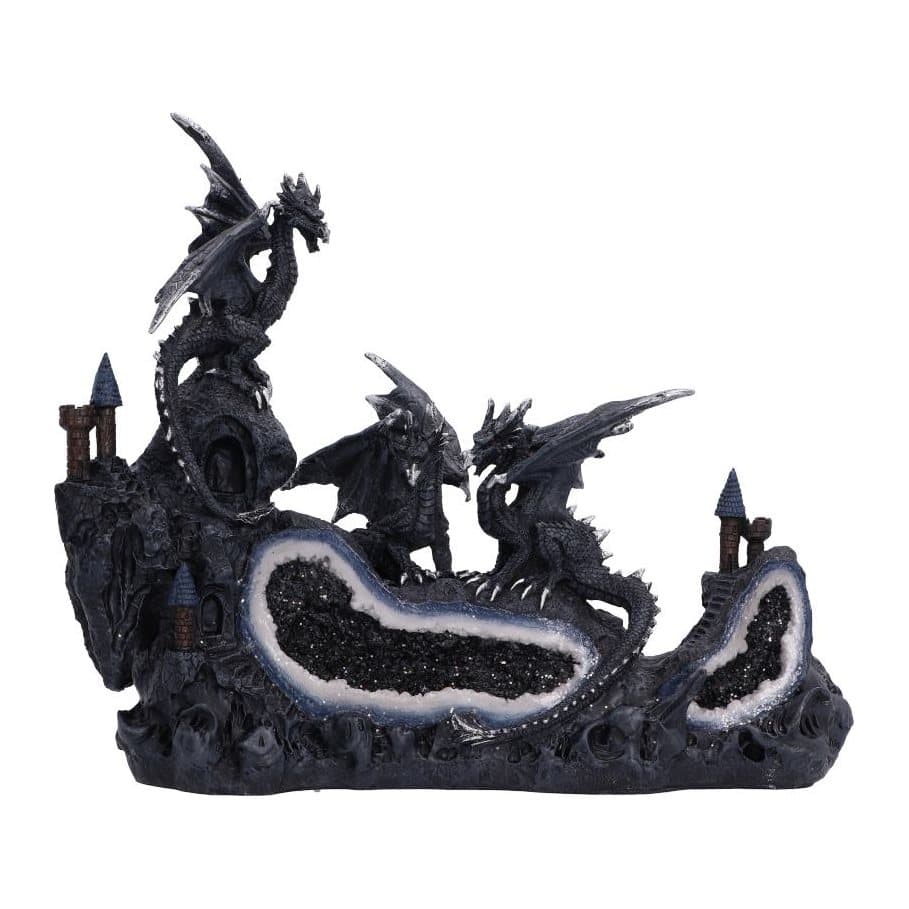 Three black and silver dragons on a geode crystal base with castle spires