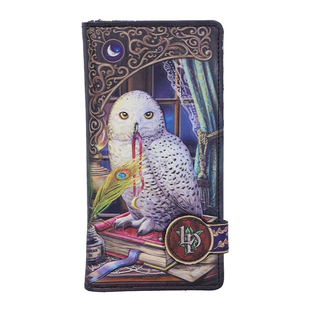 Embossed purse with a white owl on a spell book in a candlelit study