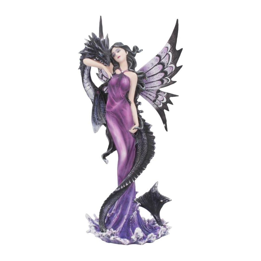 Raven-haired fairy in a purple dress embraced by a dragon, with purple and black wings
